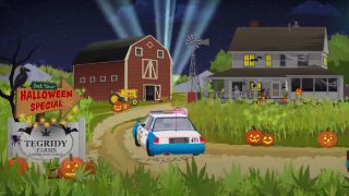 A cop car driving up to the farm in South Park.