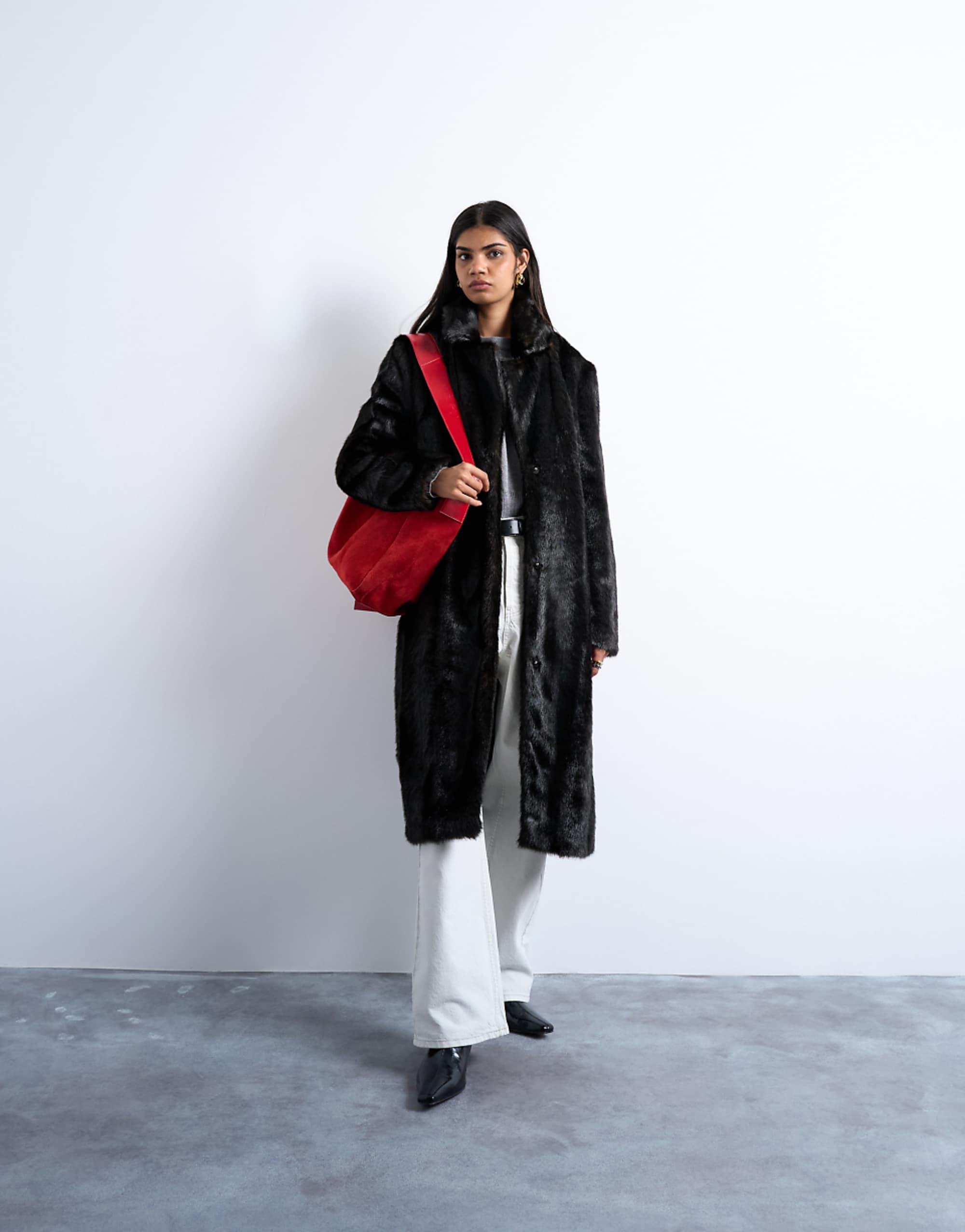 Topshop Faux Fur Going Out Longline Coat in Chocolate