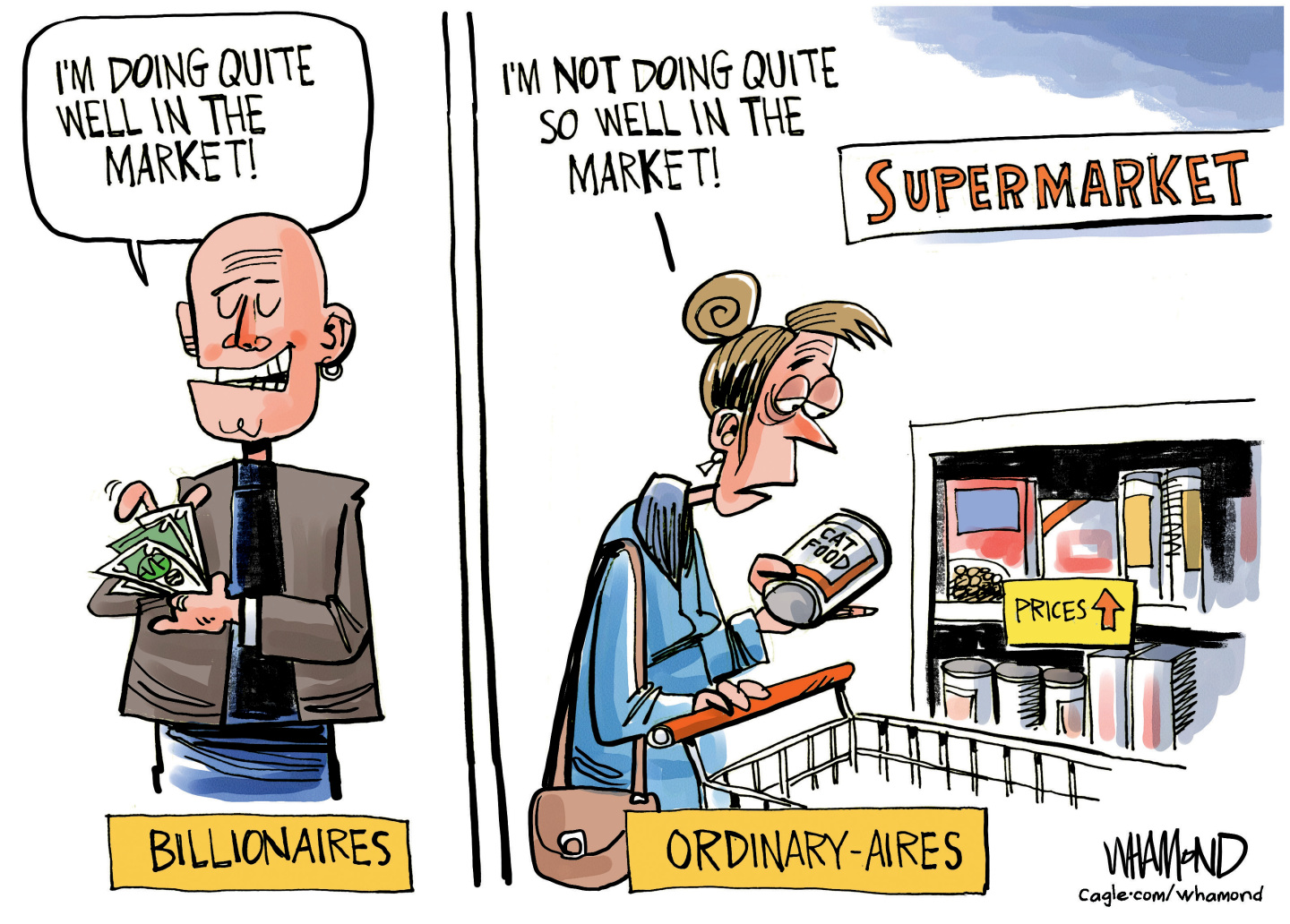 A male billionaire is on the left side of this cartoon and an &amp;ldquo;ordinary-aire&amp;rdquo; woman on the right. The billionaire counts a wad of cash and says, &amp;ldquo;I&amp;rsquo;m doing quite well in the market!&amp;rdquo; The woman shops at a supermarket and deals with rising prices. She says, &amp;ldquo;I&amp;rsquo;m not doing quite so well in the market!&amp;rdquo;