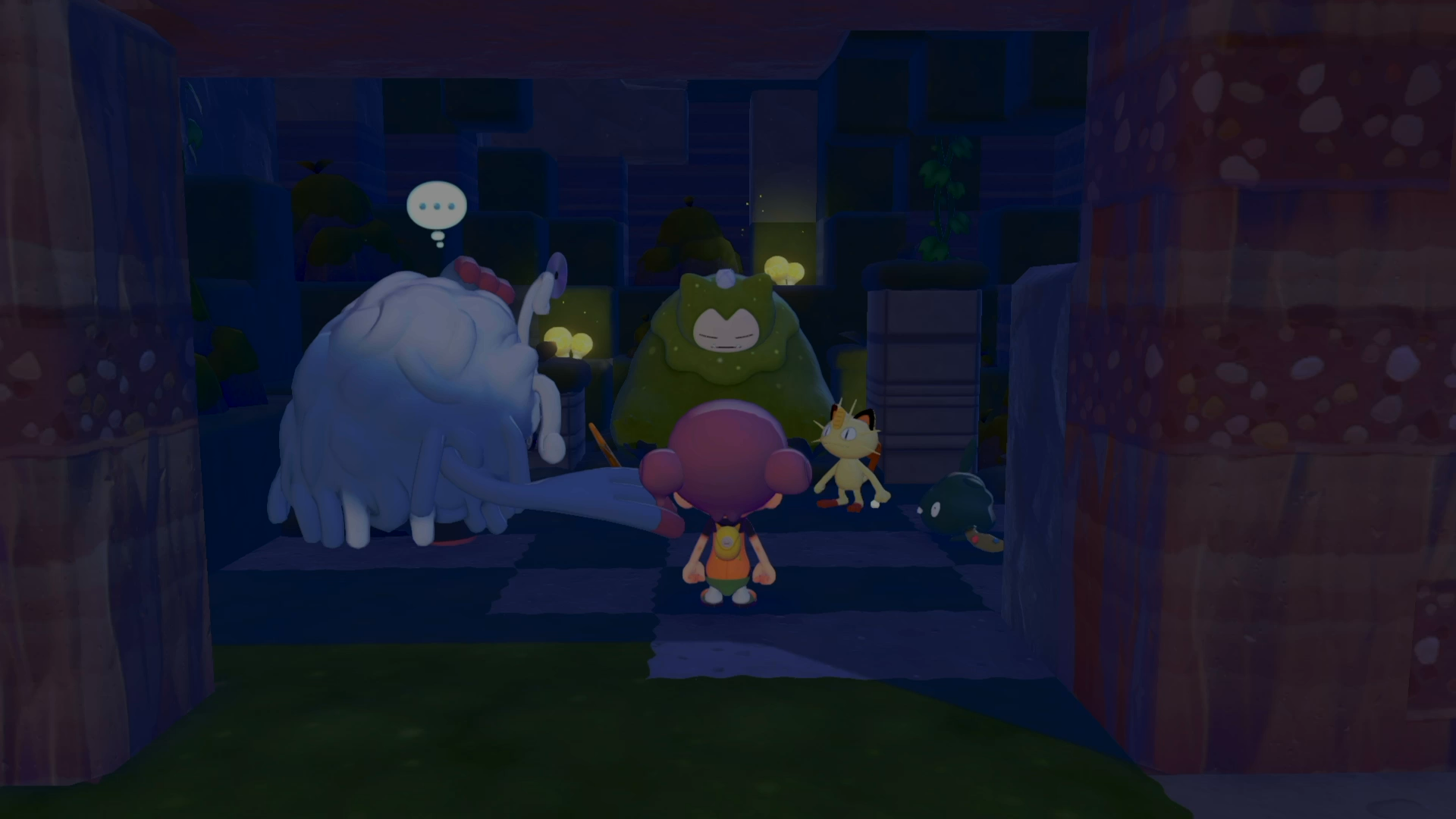 Mosslax, Meowth, Trubbish, Ditto, and Professor Tangrowth in Pokemon Pokopia