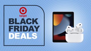 apple ipad and AirPods Pro on blue background with black friday deals and target logo text overlay