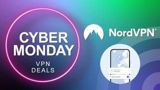 Cyber Monday VPN deals next to NordVPN app and logo