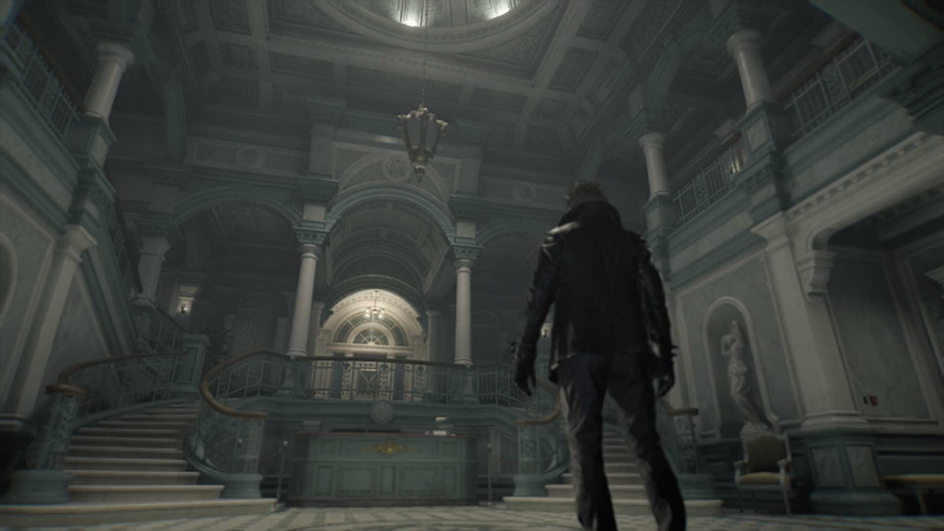 A Resident Evil Requiem screenshot captured on Nintendo Switch 2 in handheld mode showing Leon entering a medical facility.