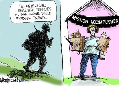 Editorial Cartoon U.S. crossing enemy lines grocery store mission accomplished
