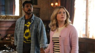 Pictured (L-R): Utkarsh Ambudkar as Jay and Rose McIver as Sam both looking up in shock.