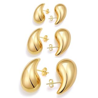 LINONKEY Bottega Earring Dupes Set Large Medium Small Chunky Gold Hoop Earrings Hypoallergenic 14K Plated Gold Hoop Earrings for Women Lightweight Waterdrop Teardrop Gold Drop Earrings for Women