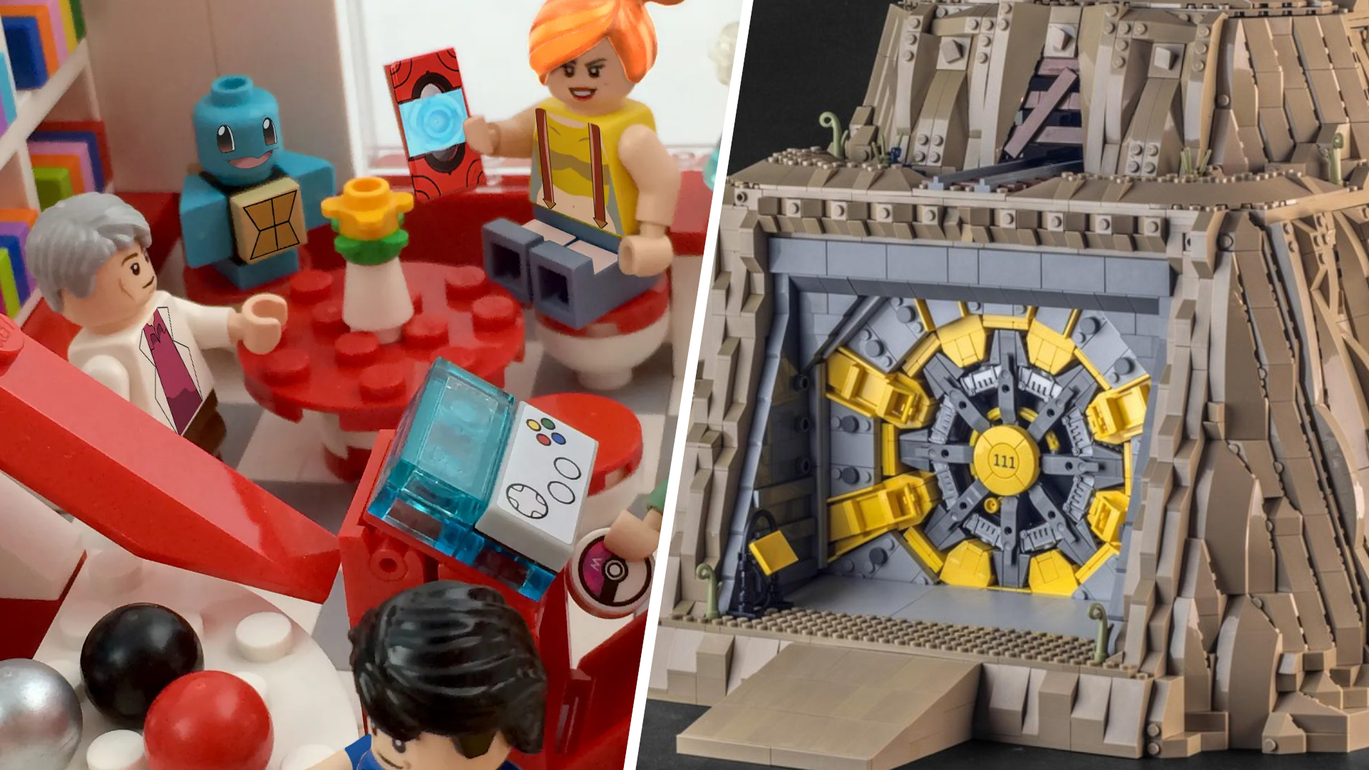 Lego Pokemon characters sit around a table, divided from a Fallout Vault 111 scene by a white line