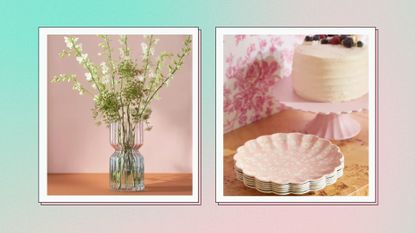 the best hosting essentials: a beautiful glass vase and floral dessert plates on a pastel green and pink background