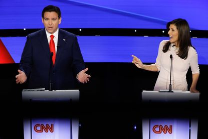 Republican presidential candidates Florida Gov. Ron DeSantis and former U.N. Ambassador Nikki Haley participate in the CNN Republican Presidential Primary Debate in Sheslow Auditorium at Drake University on January 10, 2024 in Des Moines, Iowa