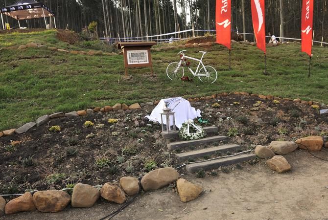 The Burry Stander memorial before it is unveiled in a garden dedicated to the rider who was killed in a training accident in January of 2013.