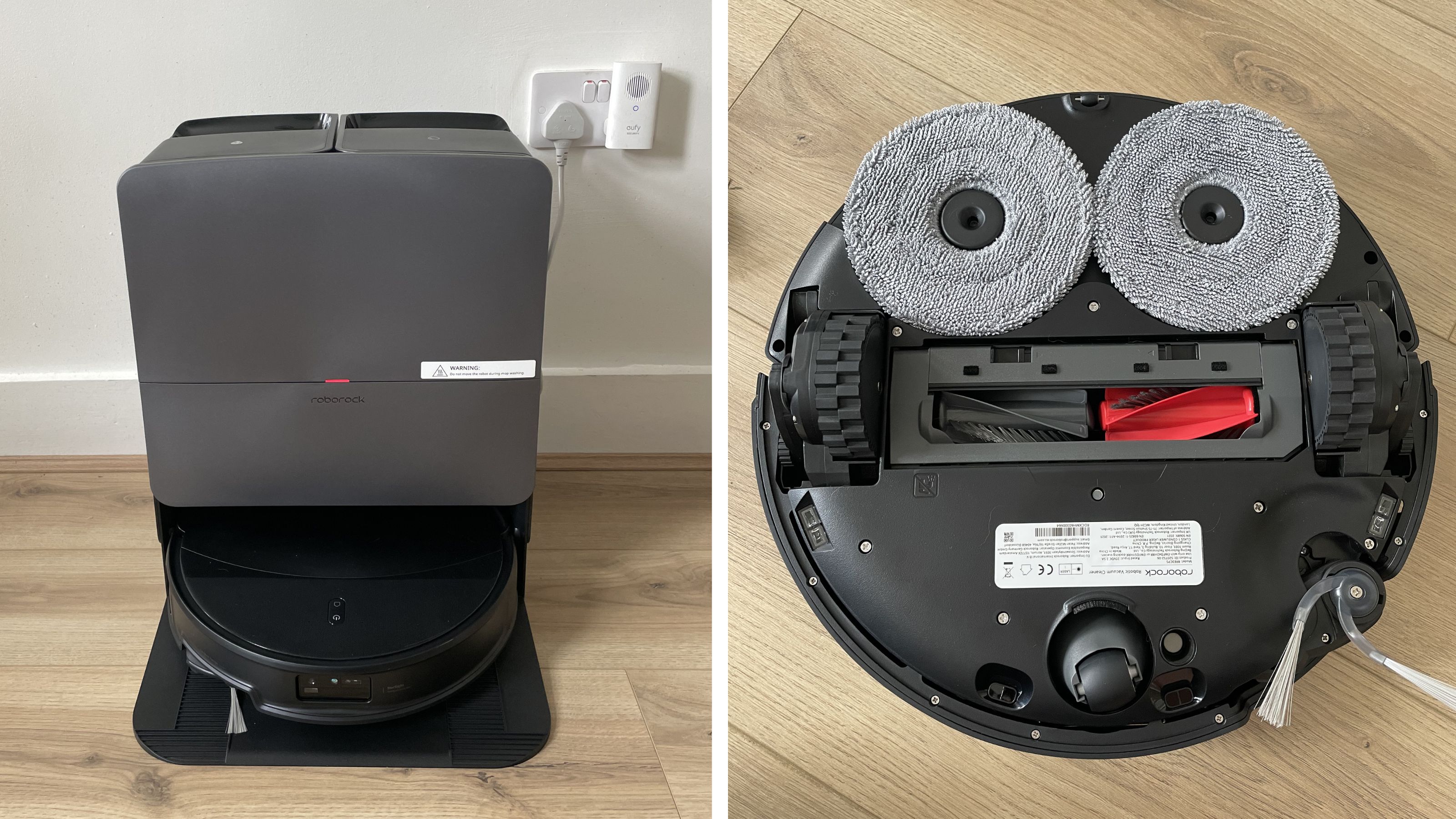 Side by side images of the Roborock Saros 20 and docking station, and the underside of the bot next to it