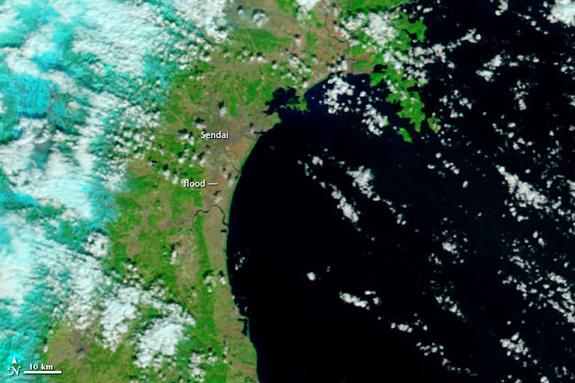 This image from NASA's Terra satellite shows Japan's northeastern coastal region near the city of Sendai as it appeared on Feb. 26, 2011, before a massive 8.9-magnitude earthquake struck the region and caused a tsunami that led to extensive flooding on March 11. CREDIT: MODIS Rapid Response Team/NASA GSFC