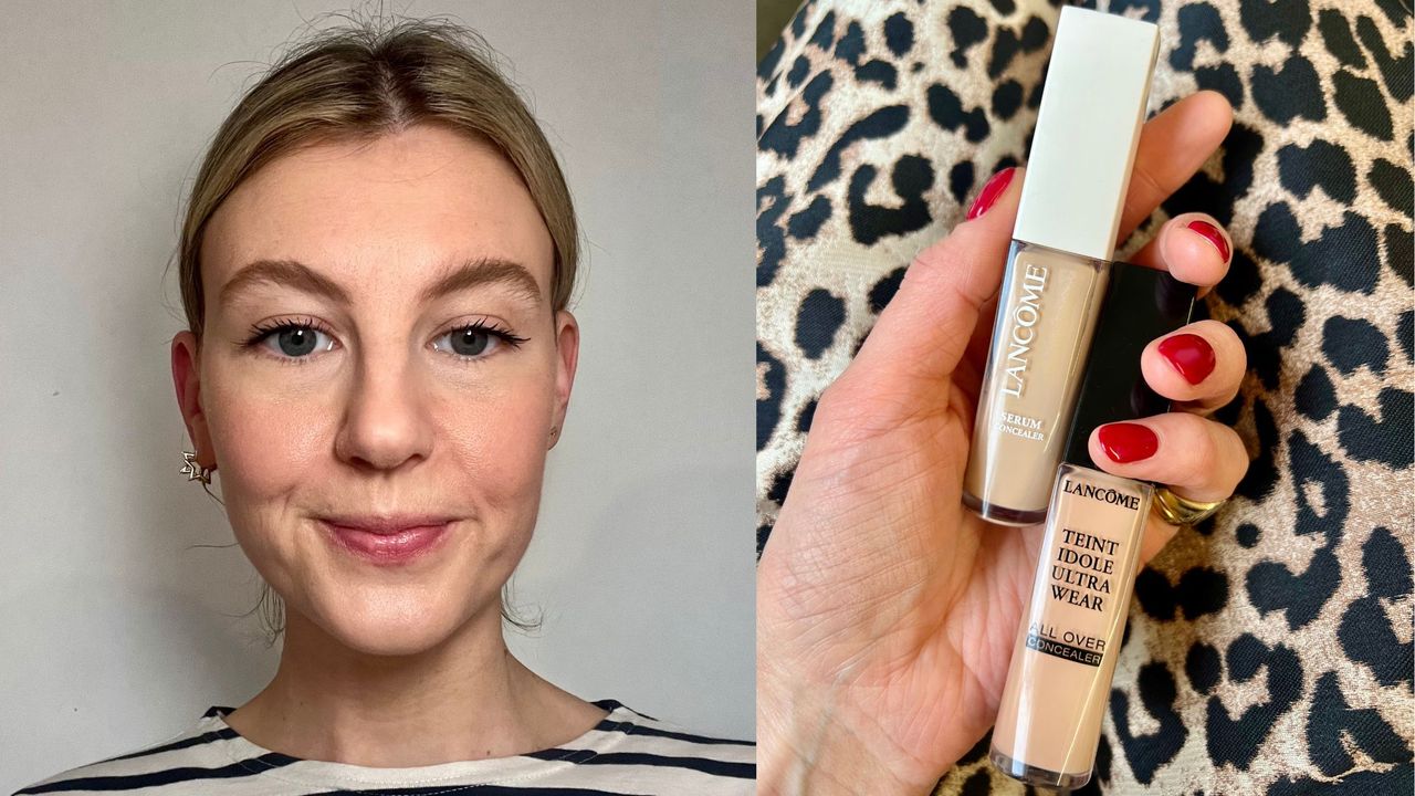 Lancôme concealer - Picture of Katie Thomas wearing and then holding Lancôme Teint Idole Ultra Wear All Over Concealer and Lancôme Teint Idôle Ultra Wear Care and Glow Concealer