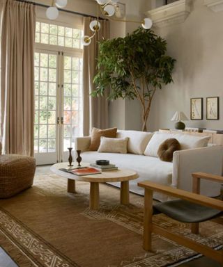 A white sofa with brown and beige pillows behind a light wood coffee table on a beige rug; in the background, a potted tree and French doors against light gray walls.