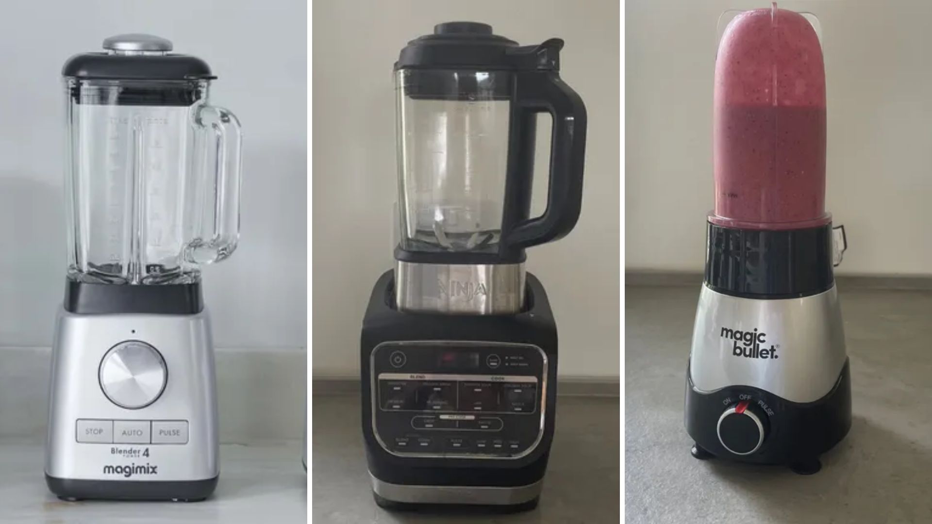 Three of the best blenders, the Magimix, Ninja Foodi, and Magibullet being tested by our experts