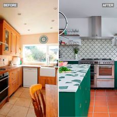 kitchen room renovated with mermaid tiles and green makeover