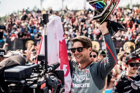 Greg Minnaar celebrating his Fort William Word Cup win