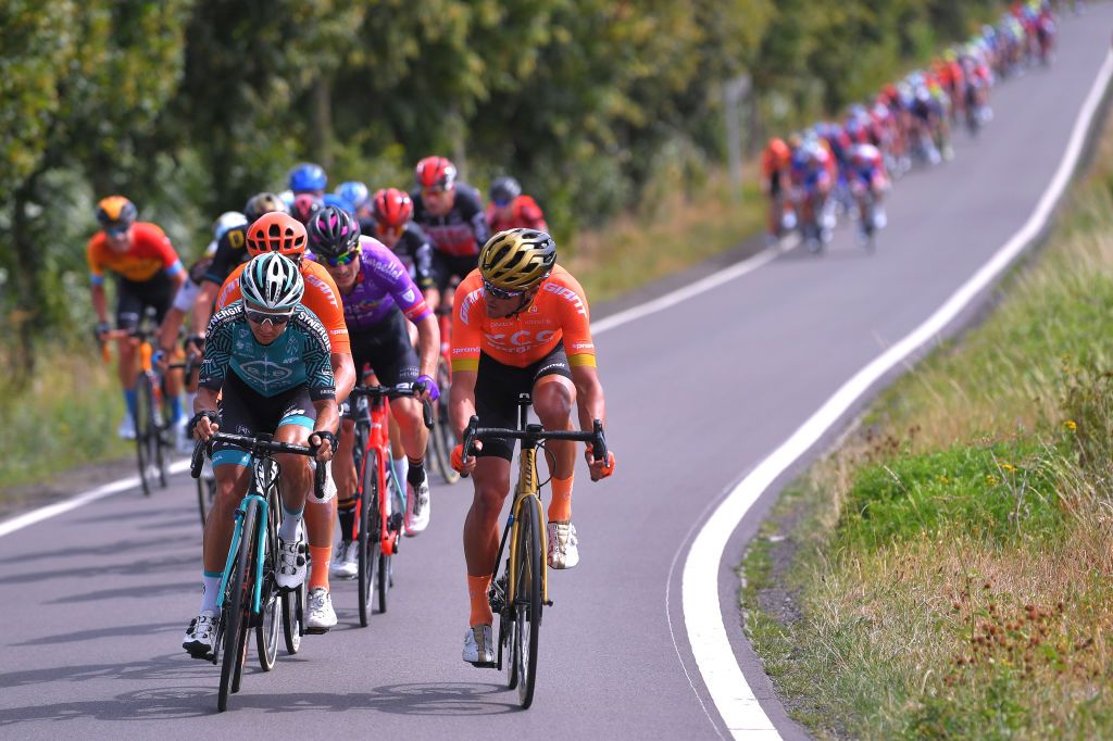 EREZEE BELGIUM AUGUST 19 Bryan Coquard of France and Team BB Hotels Vital Concept Greg Van Avermaet of Belgium and CCC Team Peloton during the 41st Tour de Wallonie 2020 Stage 4 a 1994km stage from Blegny to Ereze 334m TourdeWallonie TRW2020 on August 19 2020 in Erezee Belgium Photo by Luc ClaessenGetty Images