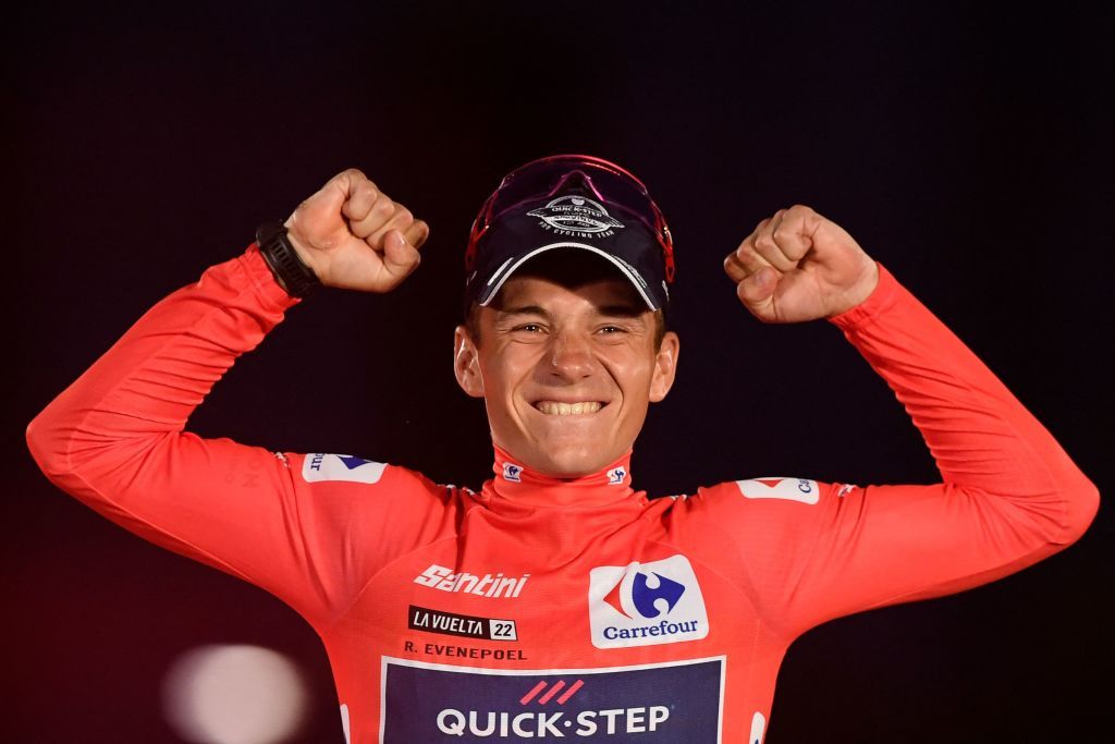 Remco Evenepoel (Quickstep-Alpha Vinyl) celebrates victory in the 2022 Vuelta a España