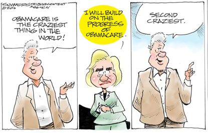 Political cartoon U.S. 2016 election Hillary Clinton Bill Clinton Obamacare