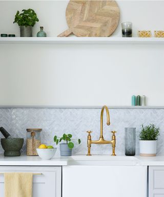 kitchen area with white wall and shelves and wash basin