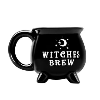 A black witch cauldron mug that says 