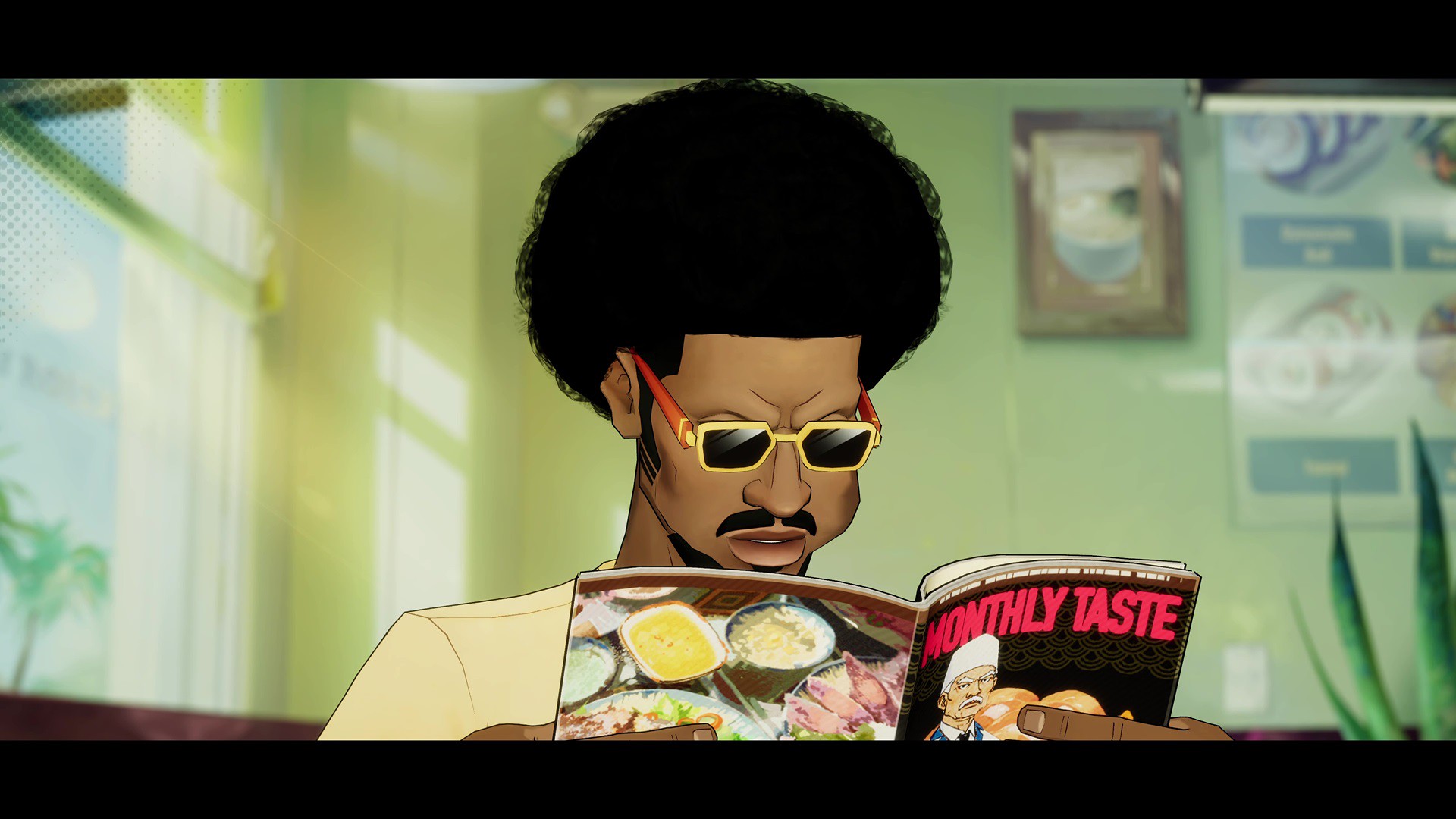 Bancho the Chef wearing yellow sunglasses and reading a magazine