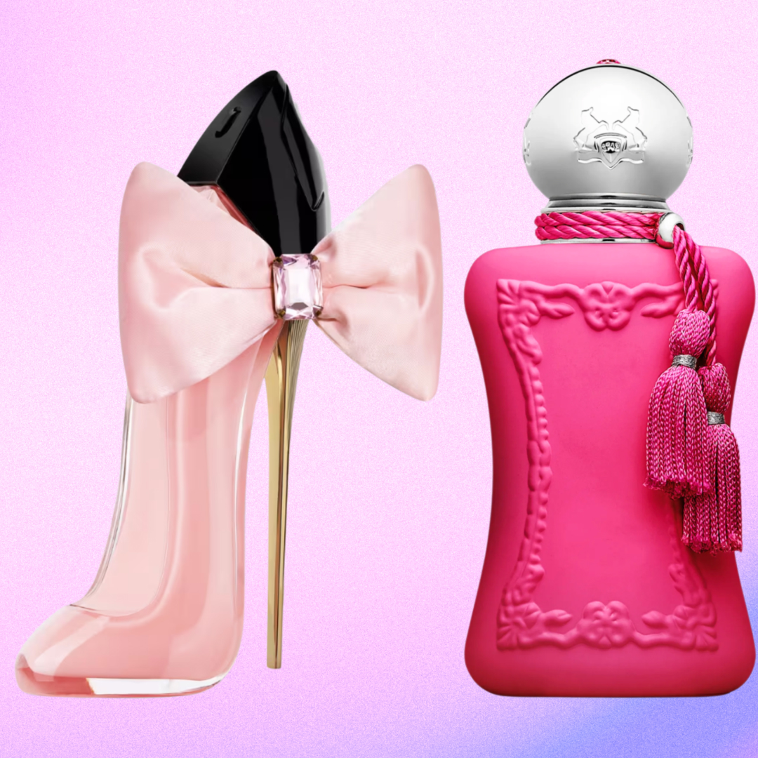 Two perfume bottles in front of a pink and blue background