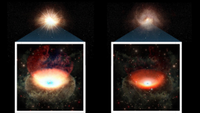 On the left, an illustration of a bright object in space. On the right, the same object looks significantly dimmer.
