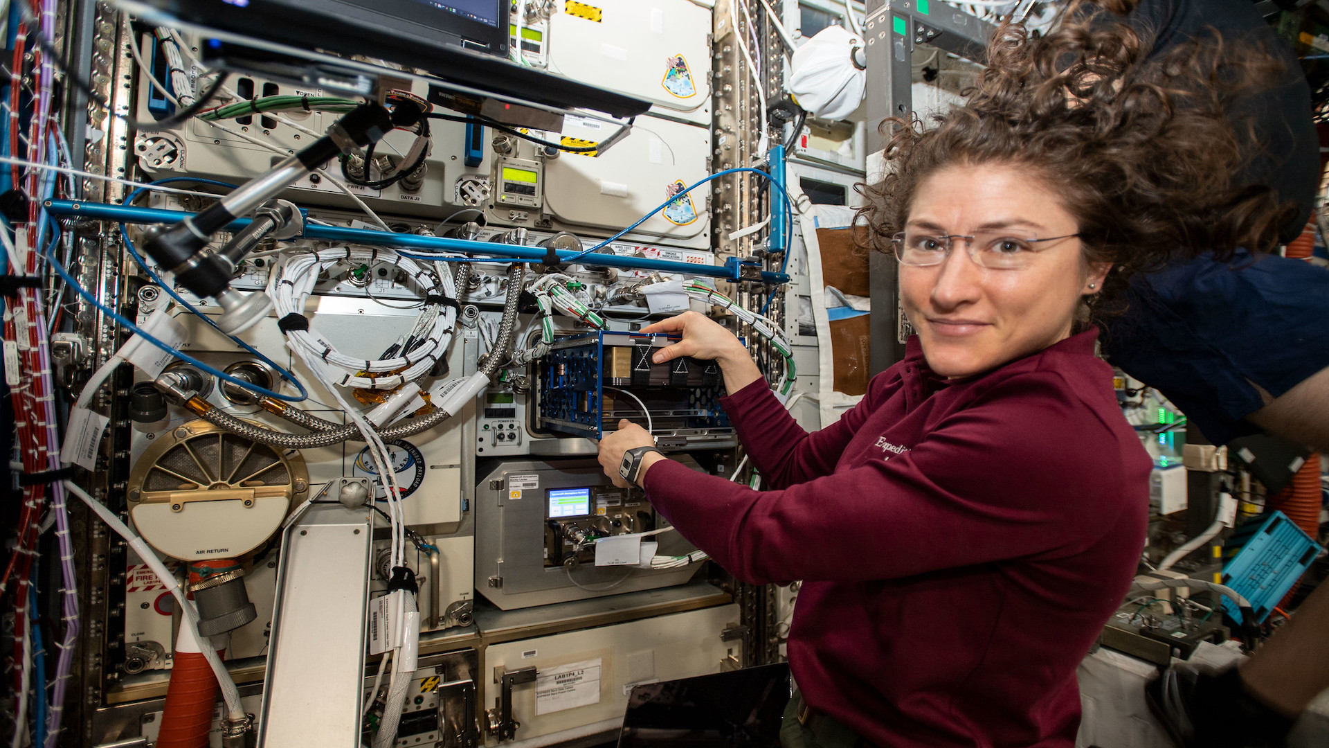August, 2019: Expedition 60 Flight Engineer Christina Koch of NASA conducts science operations for the BioFabrication Facility experiment researching the effectiveness of using 3D biological printers to produce usable human organs in microgravity.