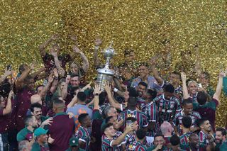 Fluminense players celebrate after winning the Copa Libertadores in November 2023.