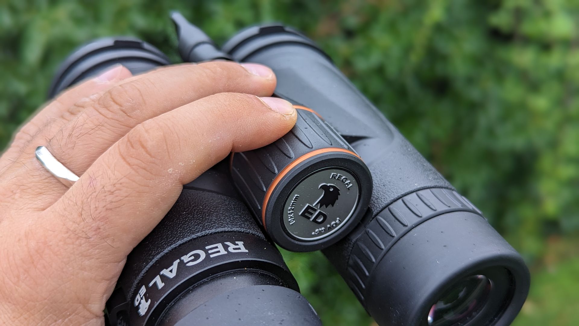 Binoculars with green foliage backdrop
