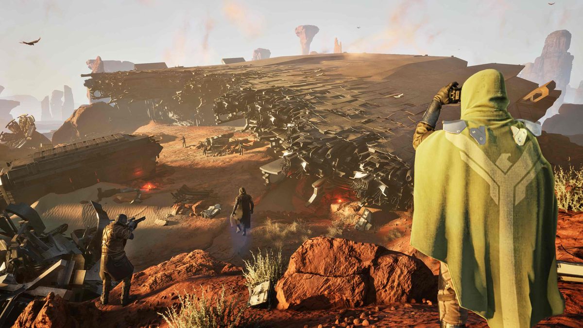 A vast landscape with a crashed spaceship in Dune: Awakening.