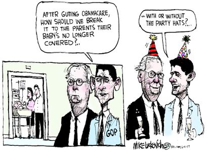 Political cartoon U.S. Paul Ryan Mitch McConnell AHCA Obamacare coverage denied party hats