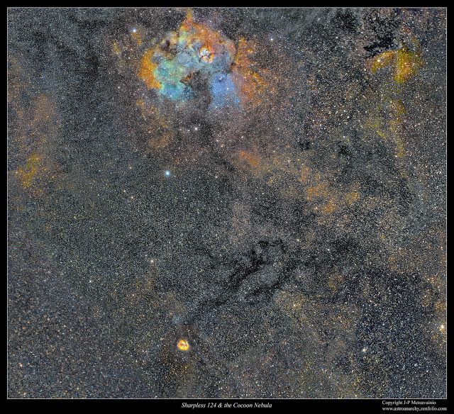 Sharpless 124 &amp; the Cocoon Nebula, imaged by J-P Metsavainio.