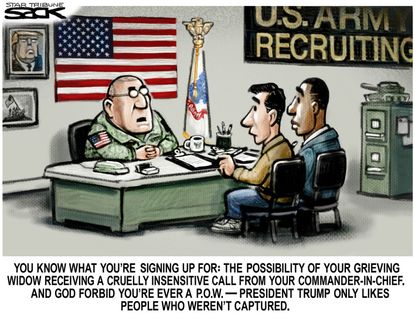 Political cartoon U.S. Trump fallen soldier prisoner of war McCain