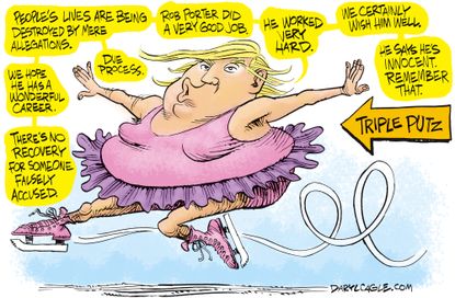 Political cartoon U.S. Trump Olympics 2018 Rob Porter domestic abuse cover-up