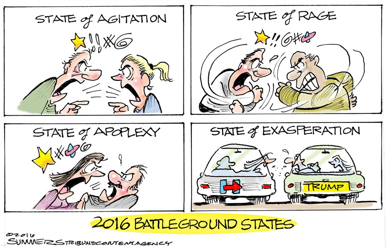 Political cartoon U.S. 2016 election Donald Trump Hillary Clinton battleground states