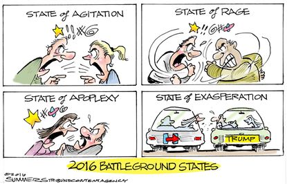 Political cartoon U.S. 2016 election Donald Trump Hillary Clinton battleground states