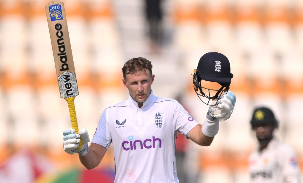 MULTAN, PAKISTAN - OCTOBER 09: England batsmen Joe Root reaches his century during day three of the First Test Match between Pakistan and England at Multan Cricket Stadium on October 09, 2024 in Multan, Pakistan. (Photo by Stu Forster/Getty Images)