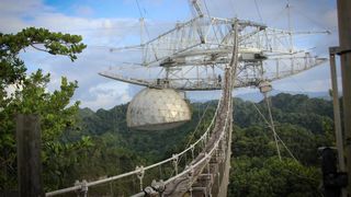 A photo of the instrument platform of Arecibo's radio dish before the collapse.