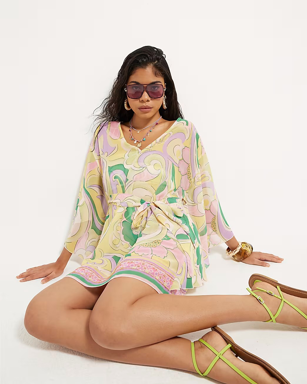 Multi Colour Swirl Chiffon Mini Beach Kaftan