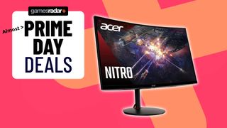 Acer Nitro XZ270U monitor with pink and orange backdrop and GamesRadar Prime Day badge on left