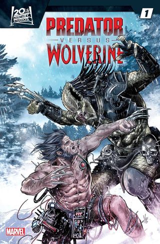 Wolverine fights a Predator in the snow.