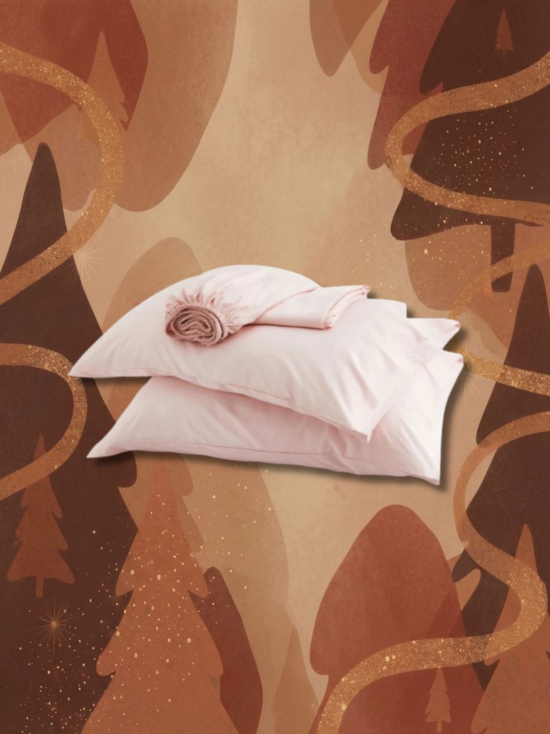 Pink pillows and bedding on brown graphic background with abstract Christmas trees and glitter