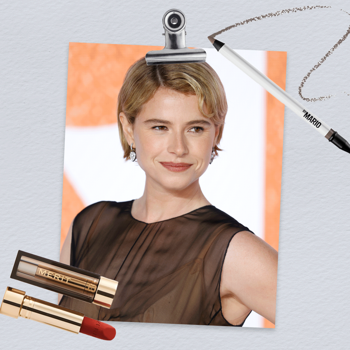 A collage of actresses and Academy Award nominees Jessie Buckley, Teyana Taylor, Elle Fanning, Wunmi Mosaku, and Emma Stone at various red carpet events, eclipsed by makeup products selected by Who What Wear beauty editors.