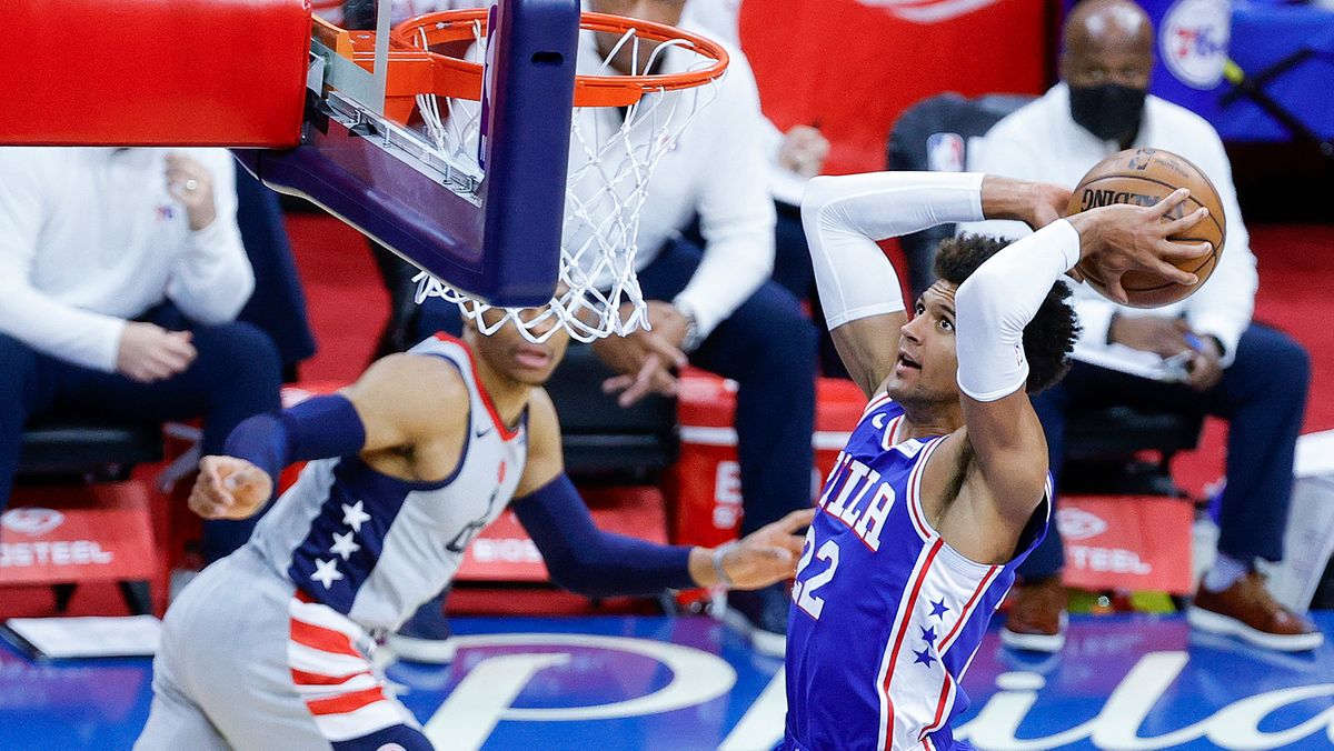 Matisse Thybulle #22 of the Philadelphia 76ers elevates for a dunk during the first quarter against the Washington Wizards during Game Five of the Eastern Conference first round series at Wells Fargo Center on June 2, 2021 in Philadelphia, Pennsylvania.