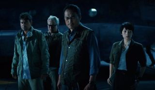 Godzilla: King of the Monsters Mark, Rick, Dr. Serizawa, and Dr. Chen staring at the ice