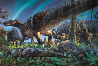 <em>Unnuakomys hutchisoni</em> iis almost undetectable in this mural depicting the Arctic landscape of the late Cretaceous. 