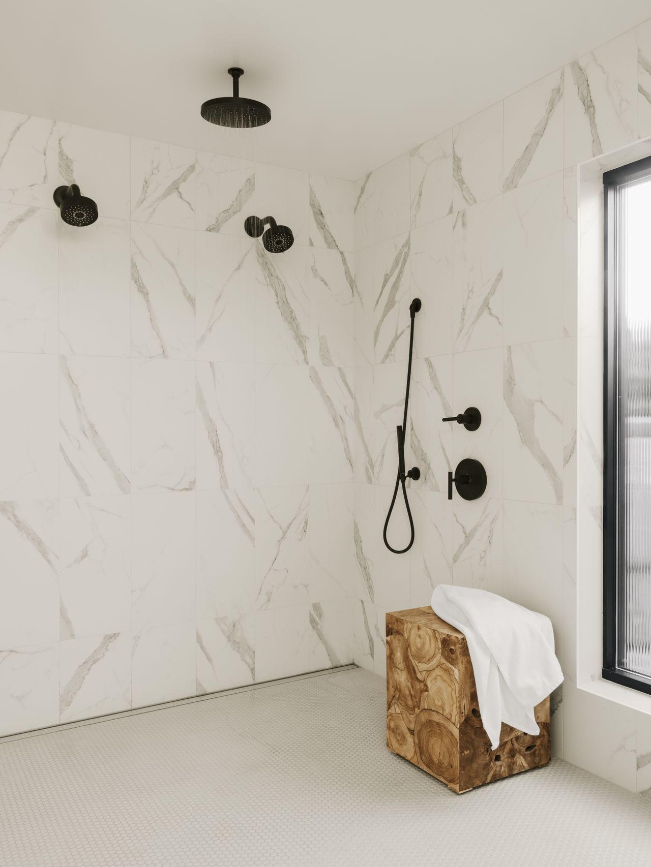 Marble style shower room with black fixtures and fittings and wooden bench
